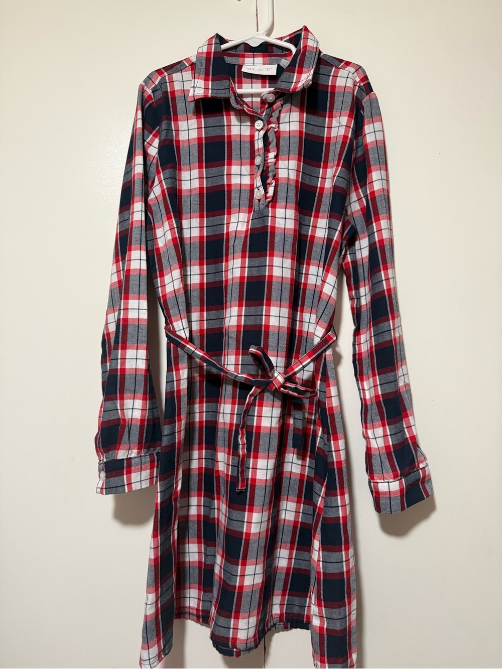 Place Red Navy White Plaid Long-Sleeve Shirt Dress